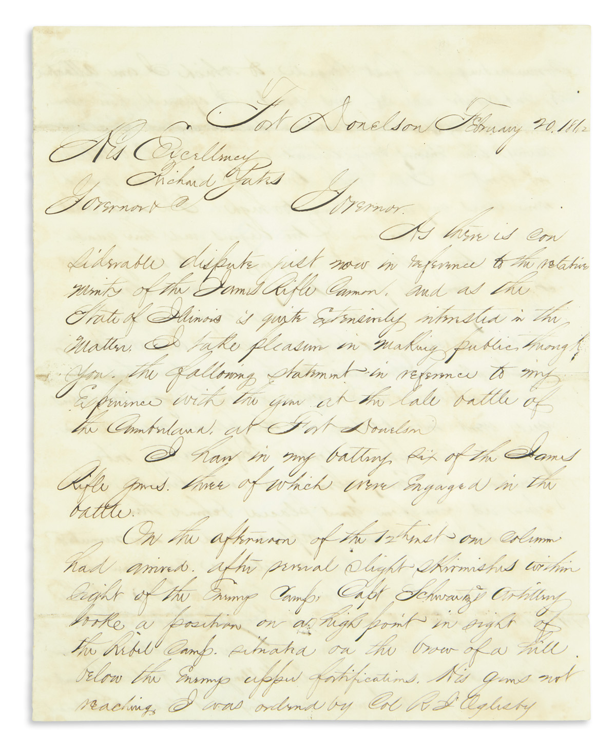 (CIVIL WAR.) Dresser, Jasper M. Artillerymans letter providing a detailed endorsement of the James Rifle cannon.